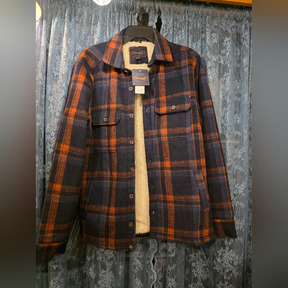 Threadgrit Men's Orange and Navy Plaid Shirt Jacket